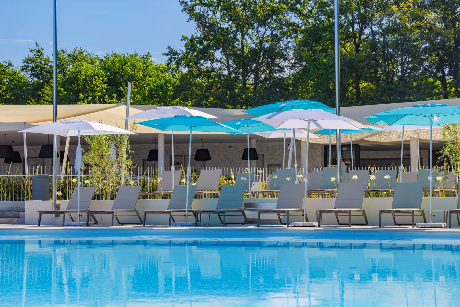 Ligbedden en blauw-witte parasols langs het zwembad bij Vista Mare, Camping Bijela Uvala